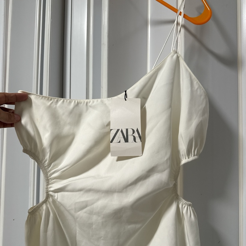 Zara Cream Ruched Sundress with Puff Sleeves
